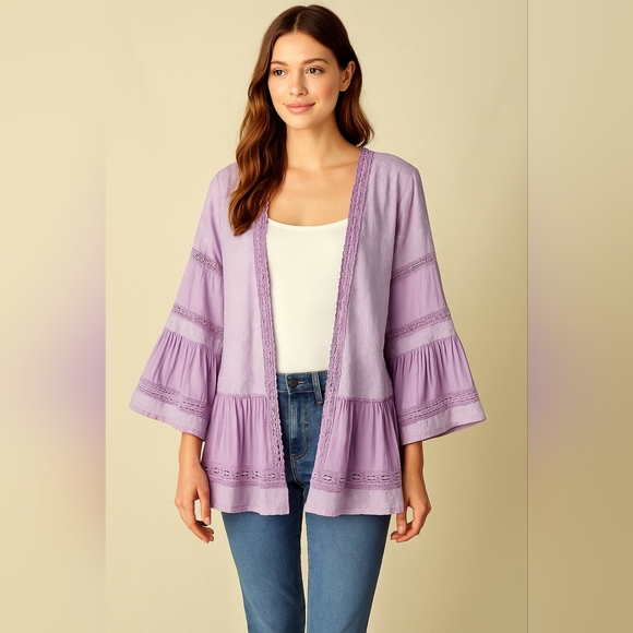 POL Sweaters - POL Pure Purple Boho Lace & Embroidered Kimono Cardigan Size S NWOT Oversized